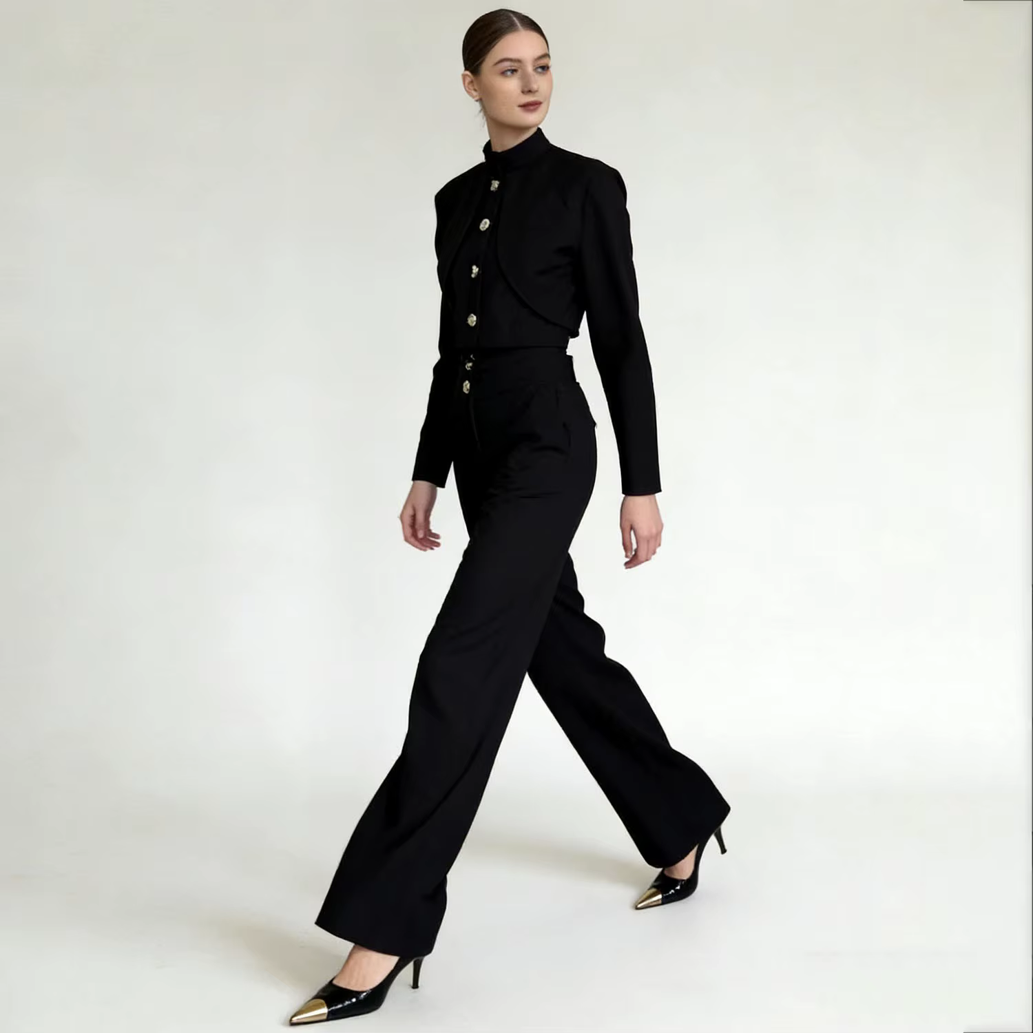 Haut court boutonné à col montant LIMO + pantalon large taille haute, ensemble élégant 2 pièces pour
