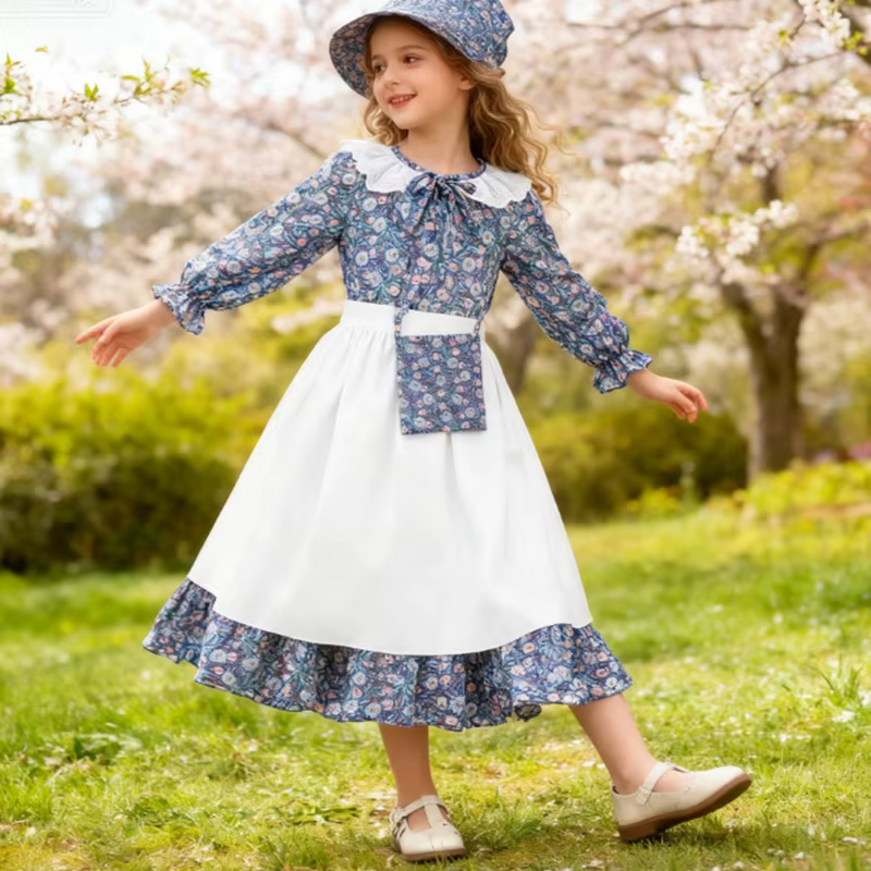 Costume de fête de carnaval pour filles, robe de princesse à fleurs pour enfants, robe pionnière des