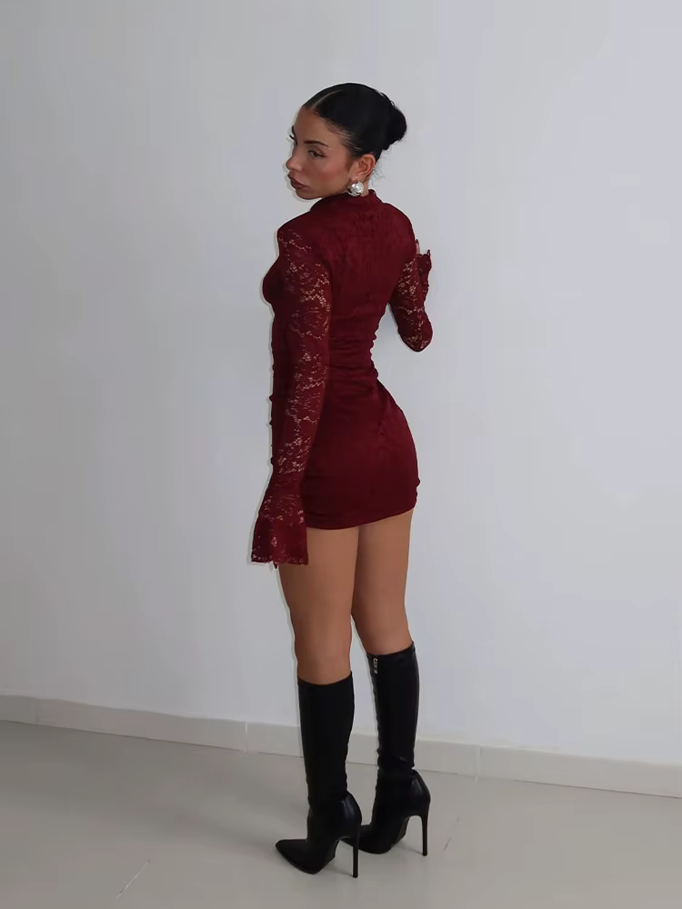 Ahagaga Sexy dentelle femmes Mini robes solide pure évider col roulé manches longues évasées gaine m