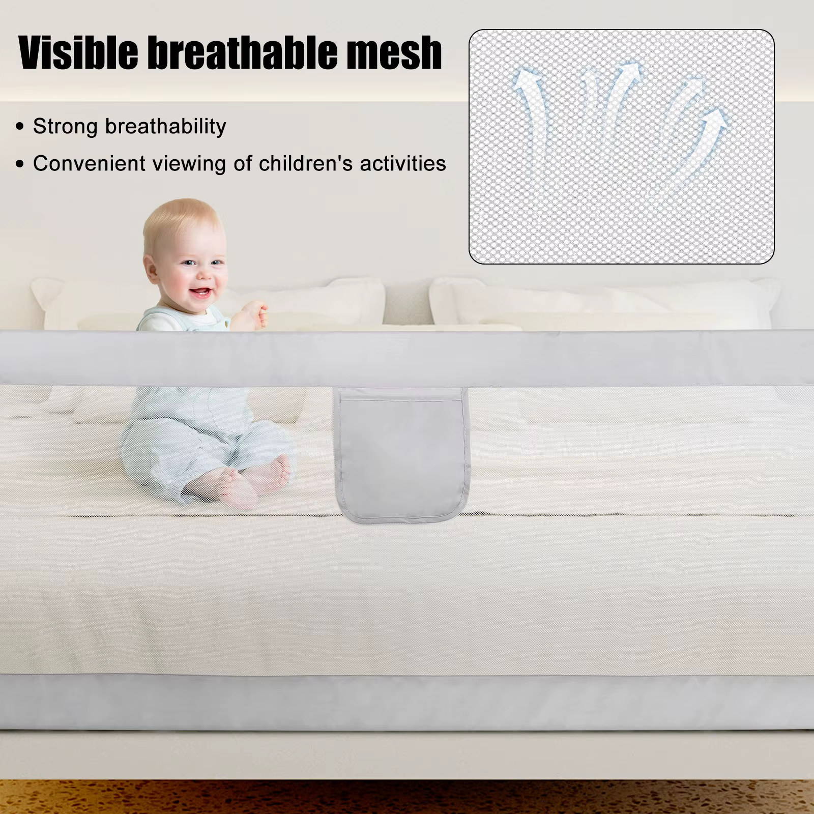 Barrière de Lit de Protection Anti-Chute Réglable en Hauteur de 70 à 100 cm pour Enfant Filet Aéré S