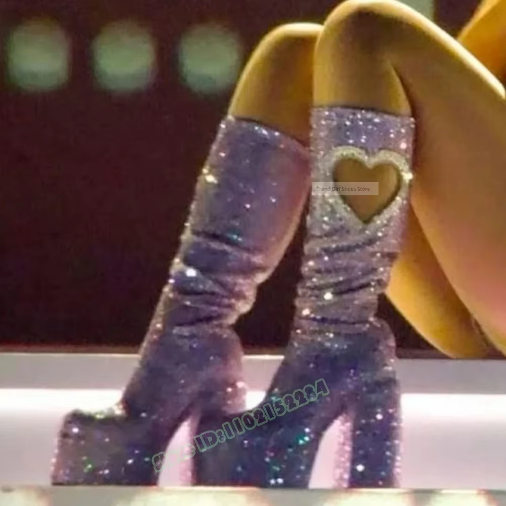 Cristal Bling nouvelles bottes bout rond semelle épaisse plate-forme genou bottes hautes gros talons