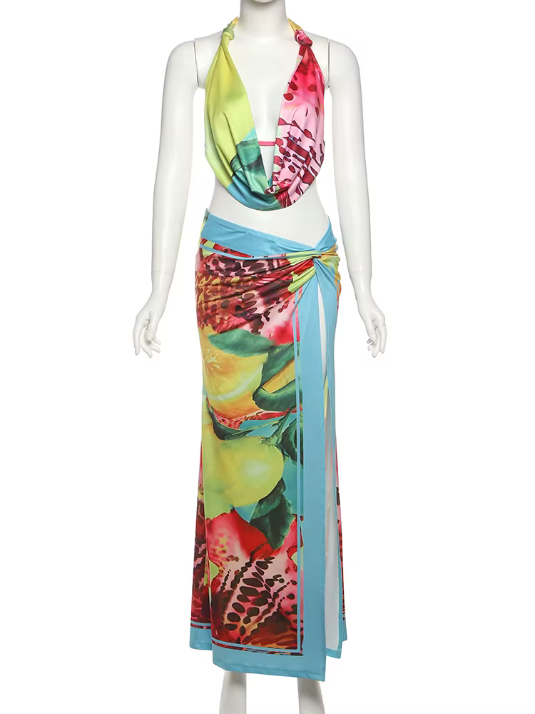 Nibber Sexy Coloré Léopard Femmes 2 Pièce Ensemble Y2K Plage Vacances Halter Débardeurs + Enveloppé 