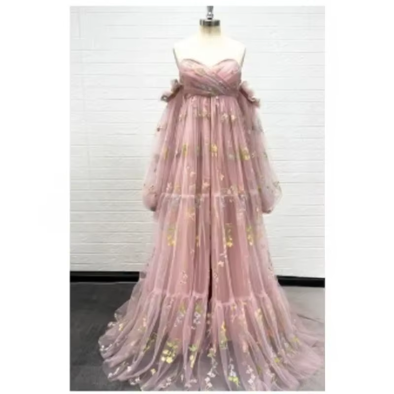 Robe de soirée de maternité sexy – Robe de soirée à fente haute avec broderie florale et manches bou