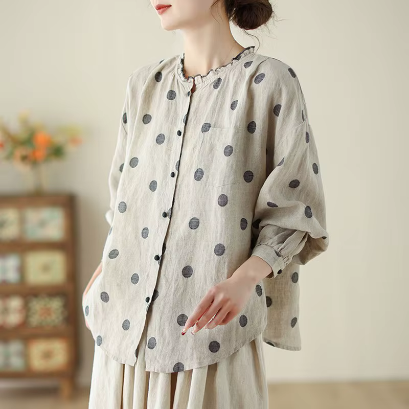 Chemises décontractées à manches longues pour femmes, style vintage, col rond, pois, coton, lin, pri