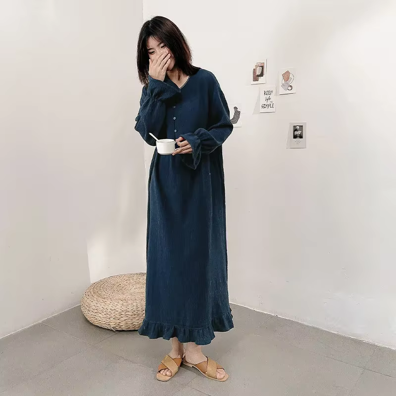 Robe 100% coton pour femmes, imprimé cerise, manches longues, boutonnée, Maxi, coréenne, confortable
