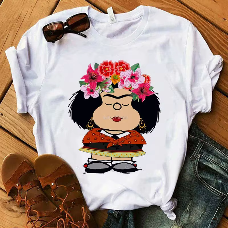 Mafalda-T-Shirt à manches courtes pour femme, streetwear décontracté, col rond, blanc, dessin animé 