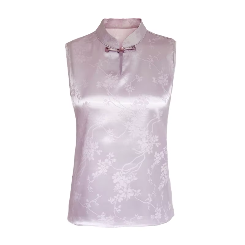 Chemisier en satin jacquard pour femme, chemise à col montant, fibres glacées, style rétro, mode