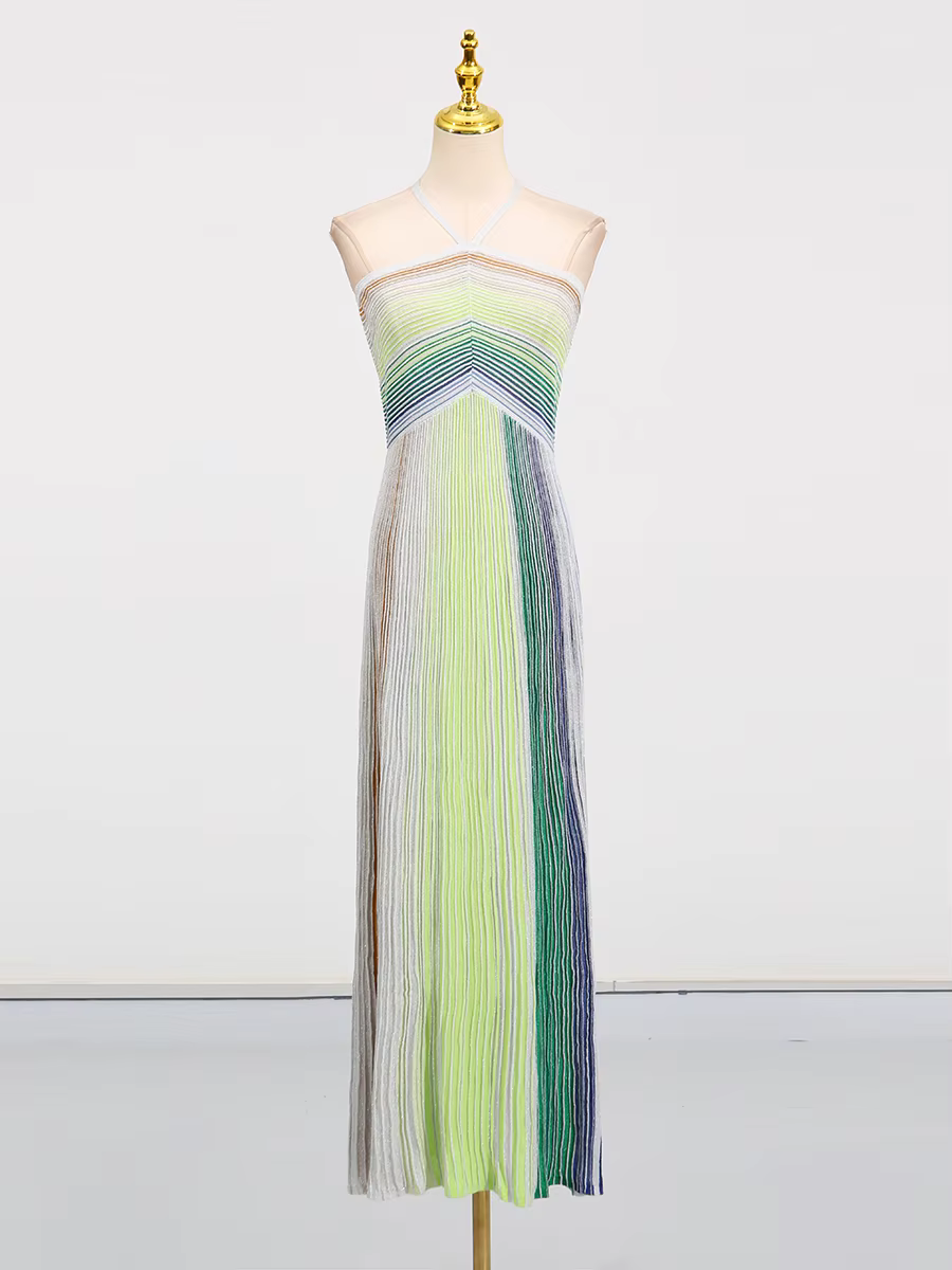 Robe longue de fête VGH à rayures colorées pour femme, dos nu, taille haute, sans manches, coupe aju