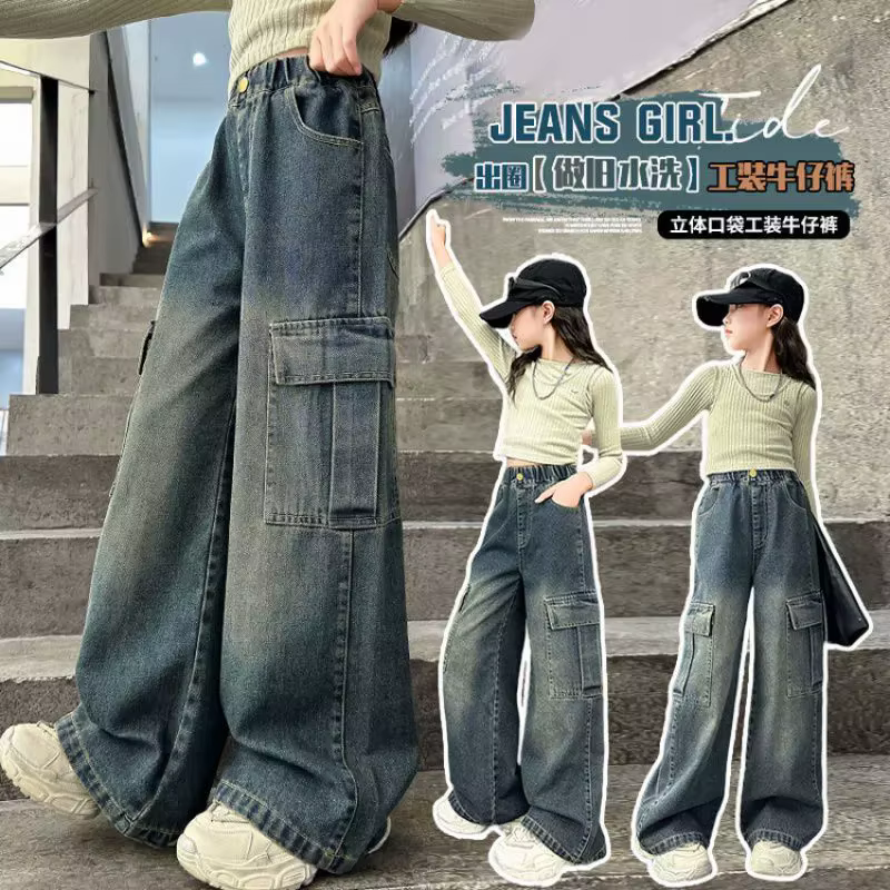 Jeans cargo pour filles, pantalons en denim à jambes larges pour enfants, vêtements de rue tendance