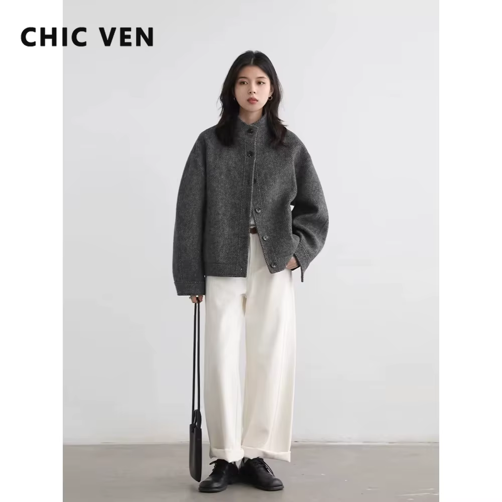 CHIC VEN Manteaux en Laine pour Femmes, Style Vintage Décontracté, Col Montant, Vestes Amples en Lai