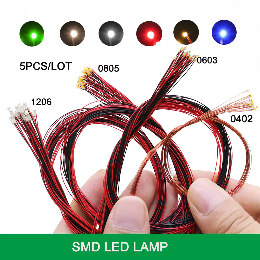 Micro Lampe LED SMD Filaire 0402 0603 0805 1206, 5 Pièces/Lot, Puce Filaire Litz Pré-Soudée, 20cm, 3