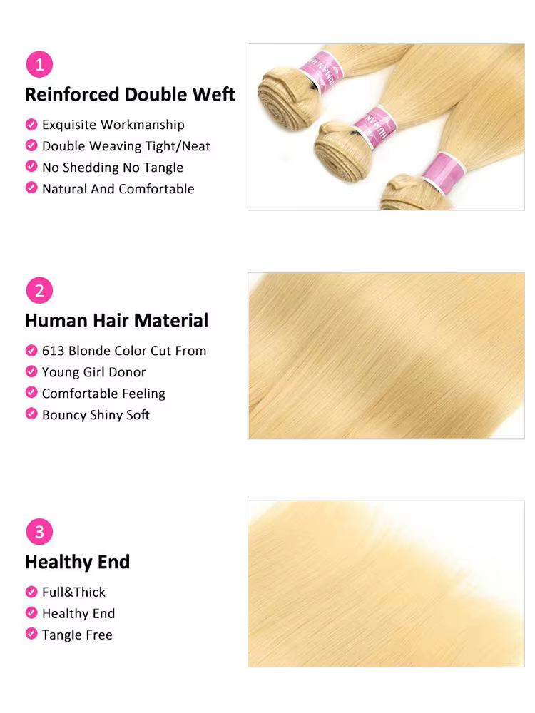 Tissage en lot brésilien Remy naturel lisse blond miel 613, extensions de cheveux, 8 - 40 pouces, ac