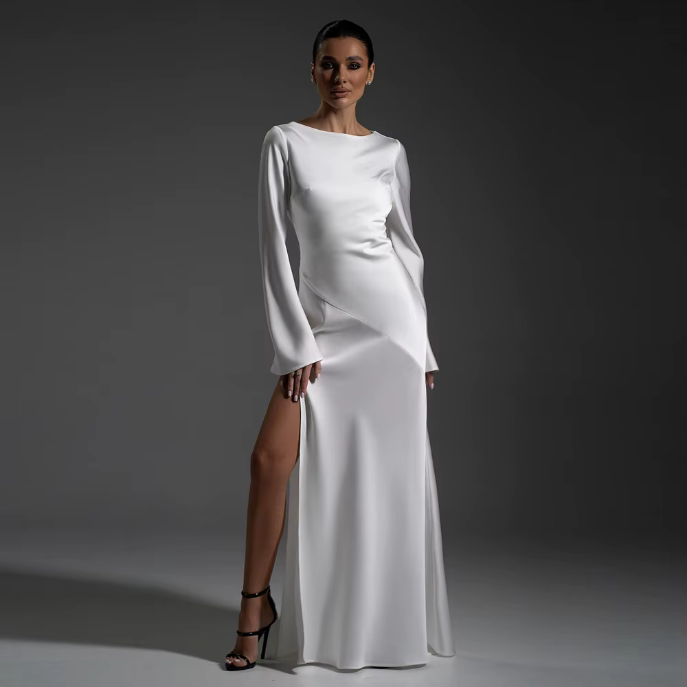 Robe de bal élégante en satin blanc avec fente haute, manches longues en taffetas, robe de mariée mo
