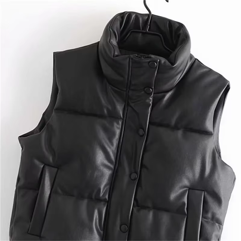 Veste en similicuir PU pour femme, gilet en duvet, PU noir, glaçure bouffante, parkas optiques, stre