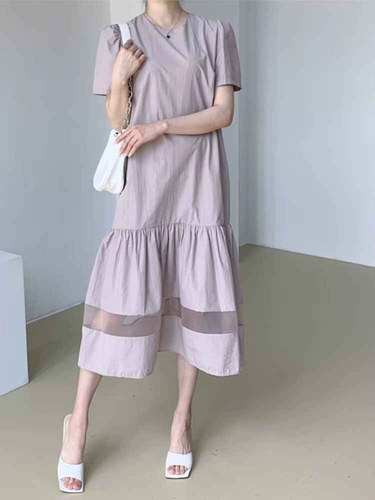 Robe mi-longue en dentelle noire pour femmes, pull plissé à volants, robes de bureau décontractées p