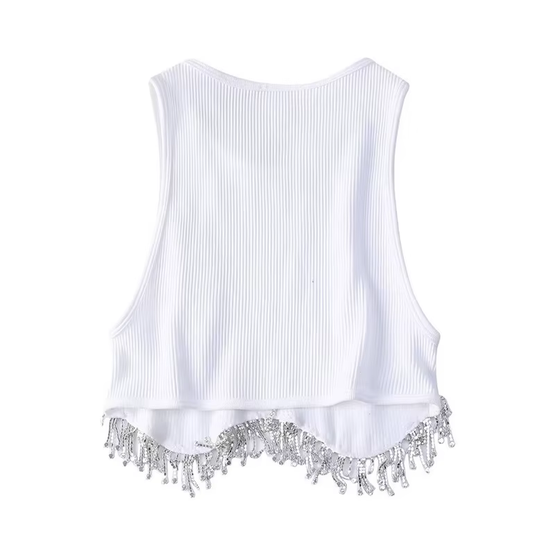 T-shirt à tricoter en perles de diamant pour femmes, débardeurs courts Chic Camis, gilet mince, haut