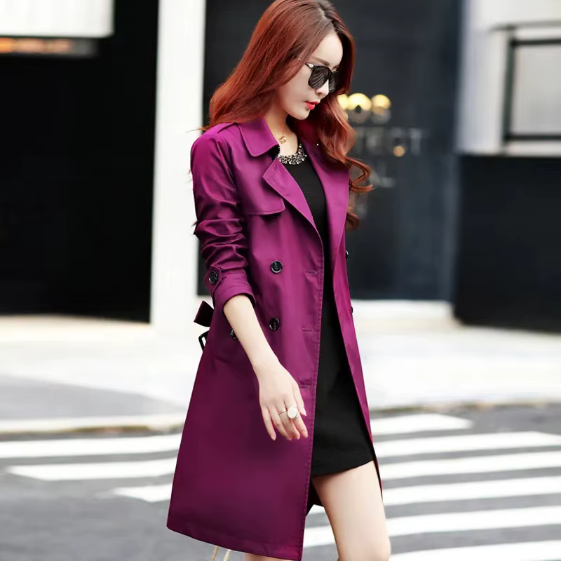 Manteau coupe-vent mi-long violet pour femme avec ceinture, taille fine coréenne, vêtements d'extéri