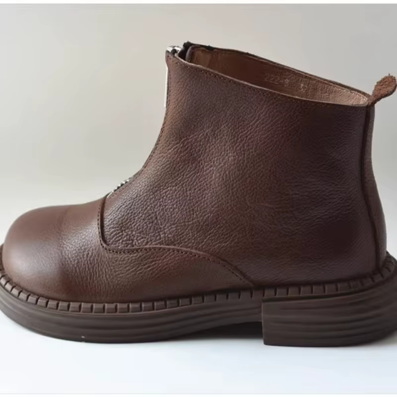 Bottes de chevalier rétro faites à la main pour femmes, bottes courtes en cuir naturel, bout large, 