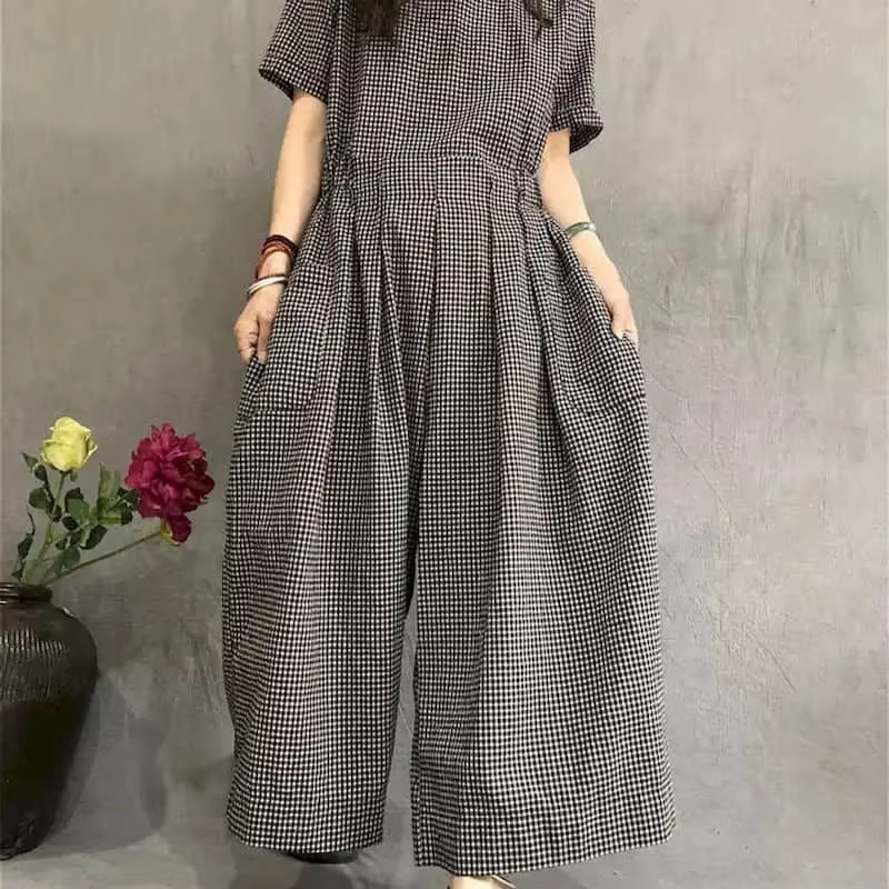 Combinaisons femmes coton lin manches courtes combishorts une pièce tenue femmes à lacets taille hau
