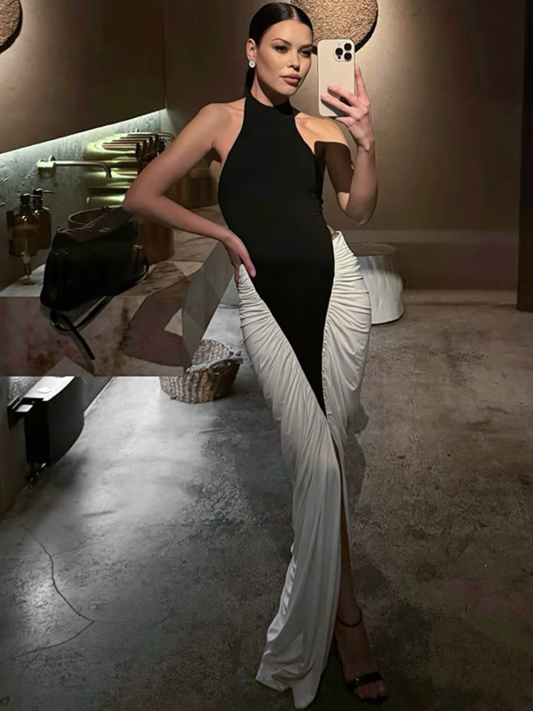 Blifanbo Patchwork sans manches fendu robe Maxi femmes mode contraste couleur licou dos nu froncé mo