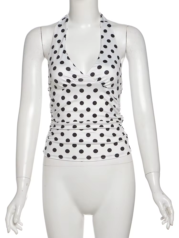 Gilet imprimé chat étrange à pois pour femmes, Y2K, dos nu, col en v, slim, tendance d'été, quotidie