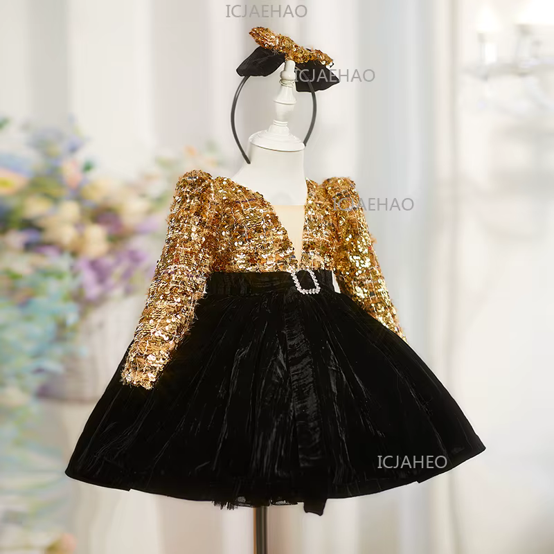 Robe de princesse bouffante super féerique à sequins dorés pour bébé fille de 1 an, style français, 