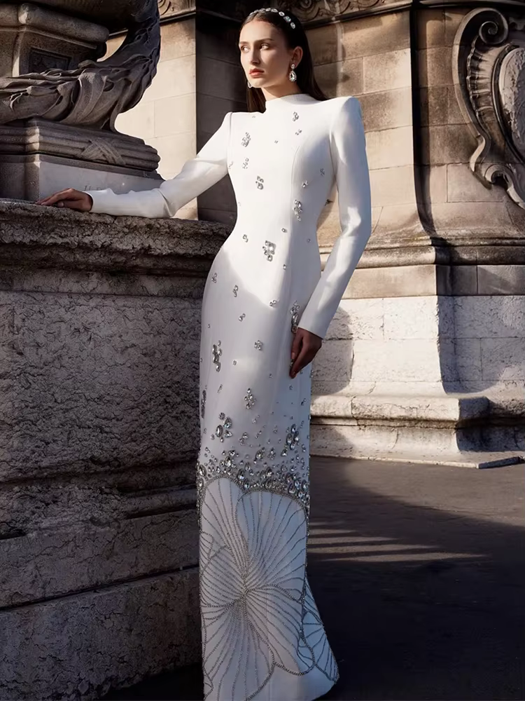 HIGH STREET Nouveauté 2026 Robe longue de créateur pour femme à manches longues, luxueuse, ornée de