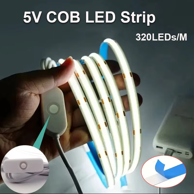 Bande lumineuse LED COB 5V, auto-adhésive, Flexible, USB, avec interrupteur, éclairage linéaire haut