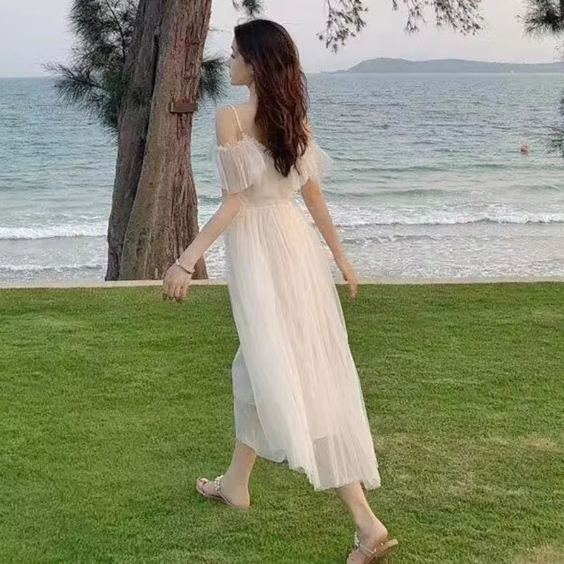 Fairycore – robe en maille pour femme, tenue blanche à lacets, poitrine basse, épaules dénudées, Sex