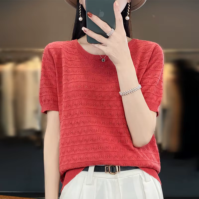 Pull décontracté à col rond pour femme, 2023 coton, manches courtes, haut tendance coréen, été, nouv