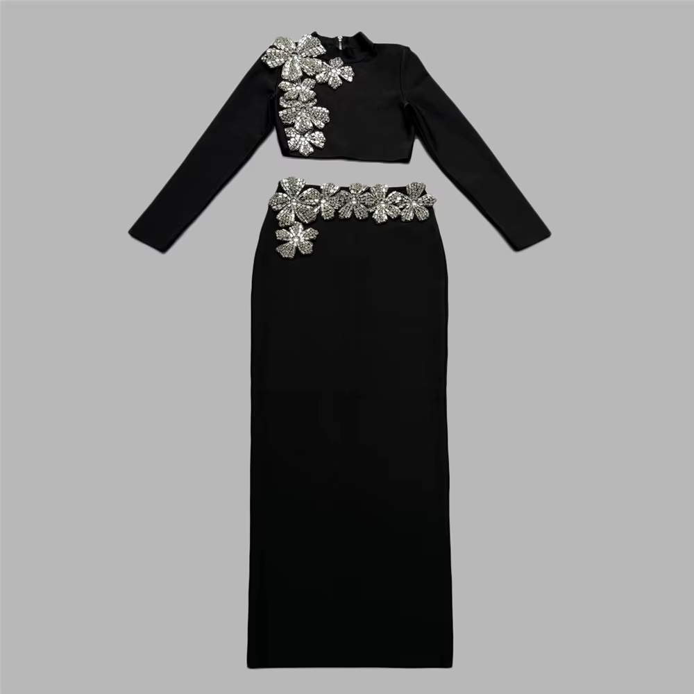 Ensemble deux pièces pour femmes, Sexy, diamants, manches longues, hauts, jupes, vêtements d'automne