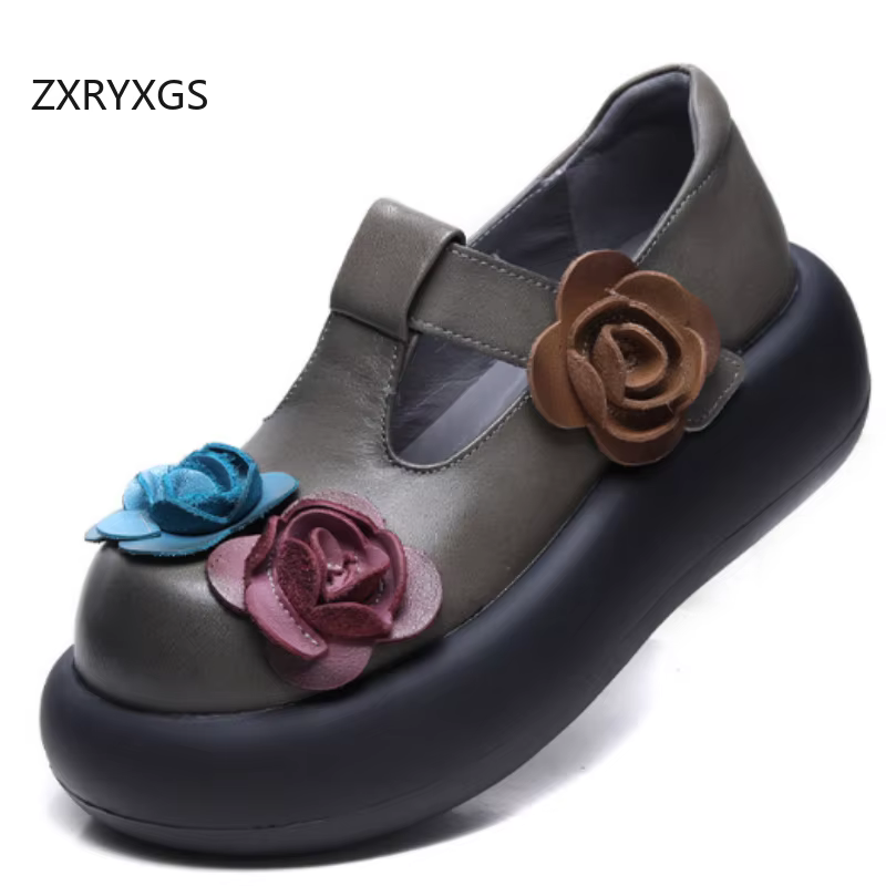 ZXRYXGS 2025 classique rétro haut peau de vache à la main fleur femmes chaussures à la mode plate-fo