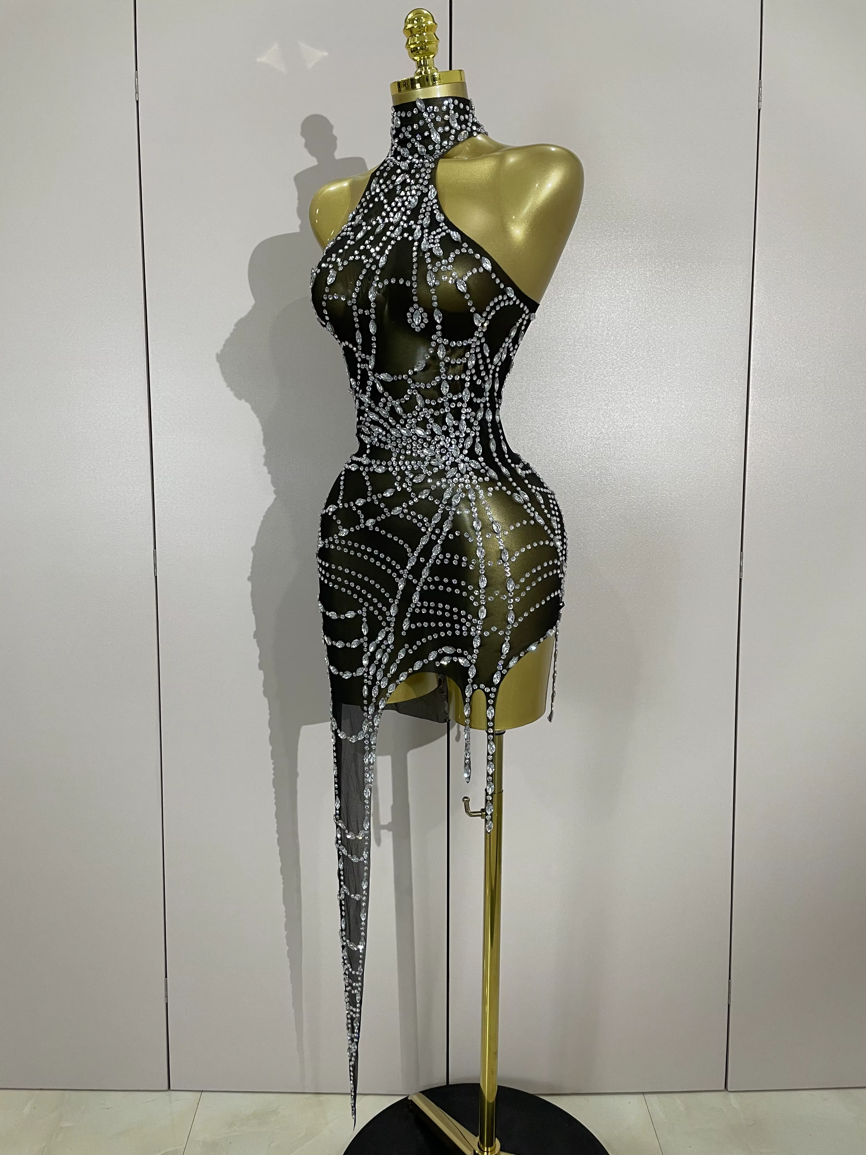STOCK brillant diamant Sexy maille asymétrique moulante Mini robe femmes discothèque Bar fête specta