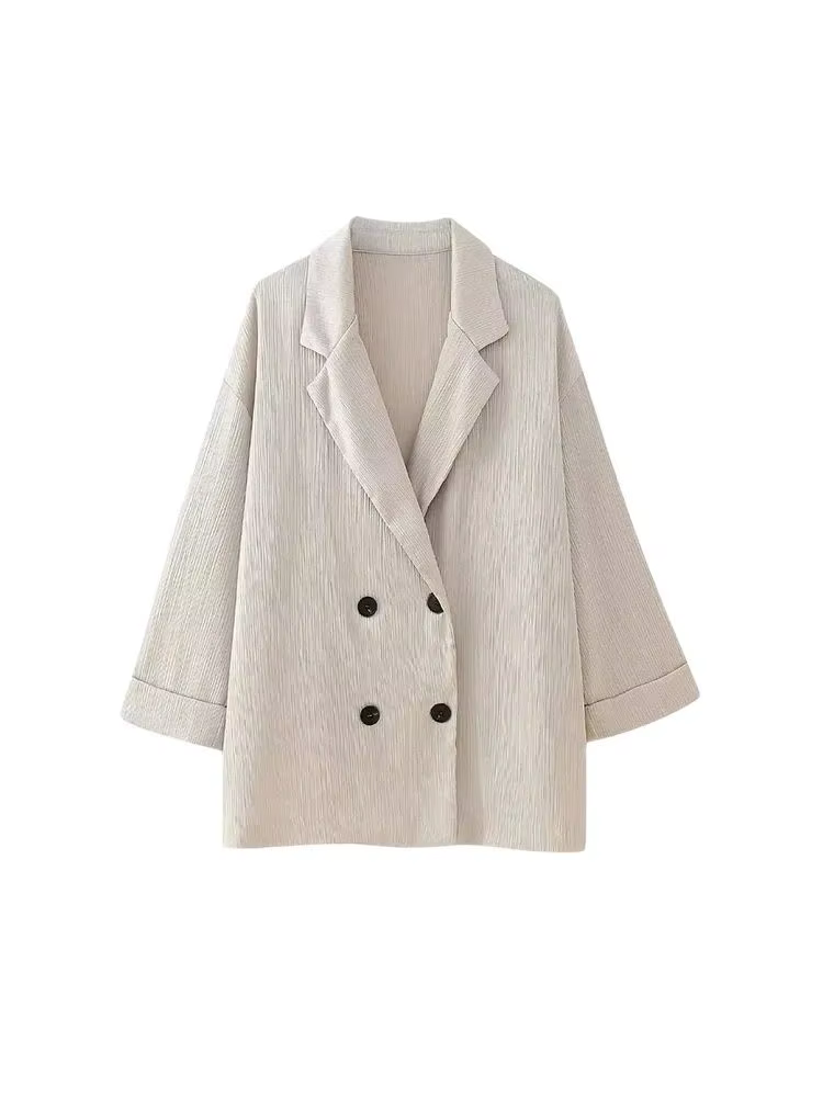 Manteau Blazer ample à Double boutonnage pour femmes, pantalon à jambes larges à taille haute élasti