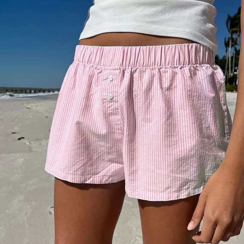 Short décontracté à imprimé rayé pour femme, taille élastique, bas boutonnés à la mode, streetwear c
