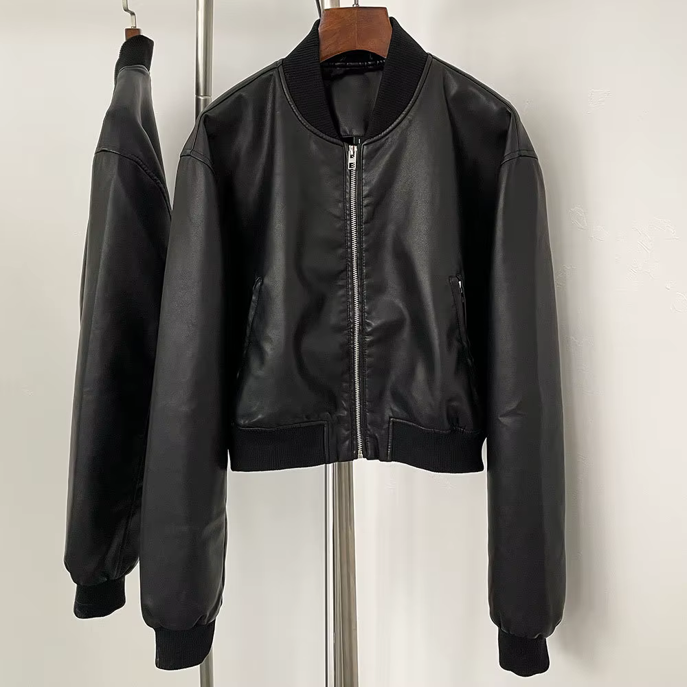 Manteau court en cuir de couleur unie pour femme, cardigan court à fermeture éclair, style rétro, dé