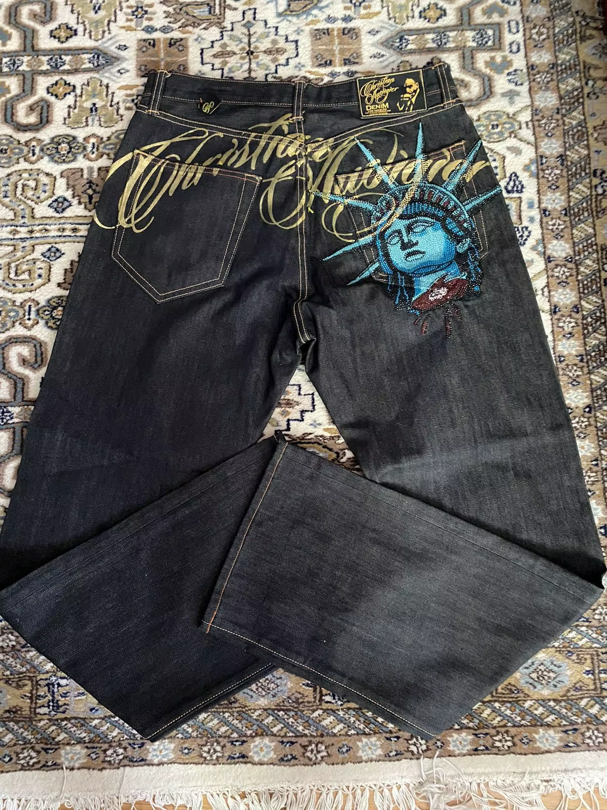 Jean décontracté vintage années 2000 avec motif Statue de la Liberté et diamants, taille haute, coup