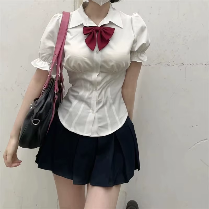Chemises à Manches Courtes pour Femme, Slim, Plissé, Doux, Mignon, Preppy, Style Japonais, Y2k, Vête
