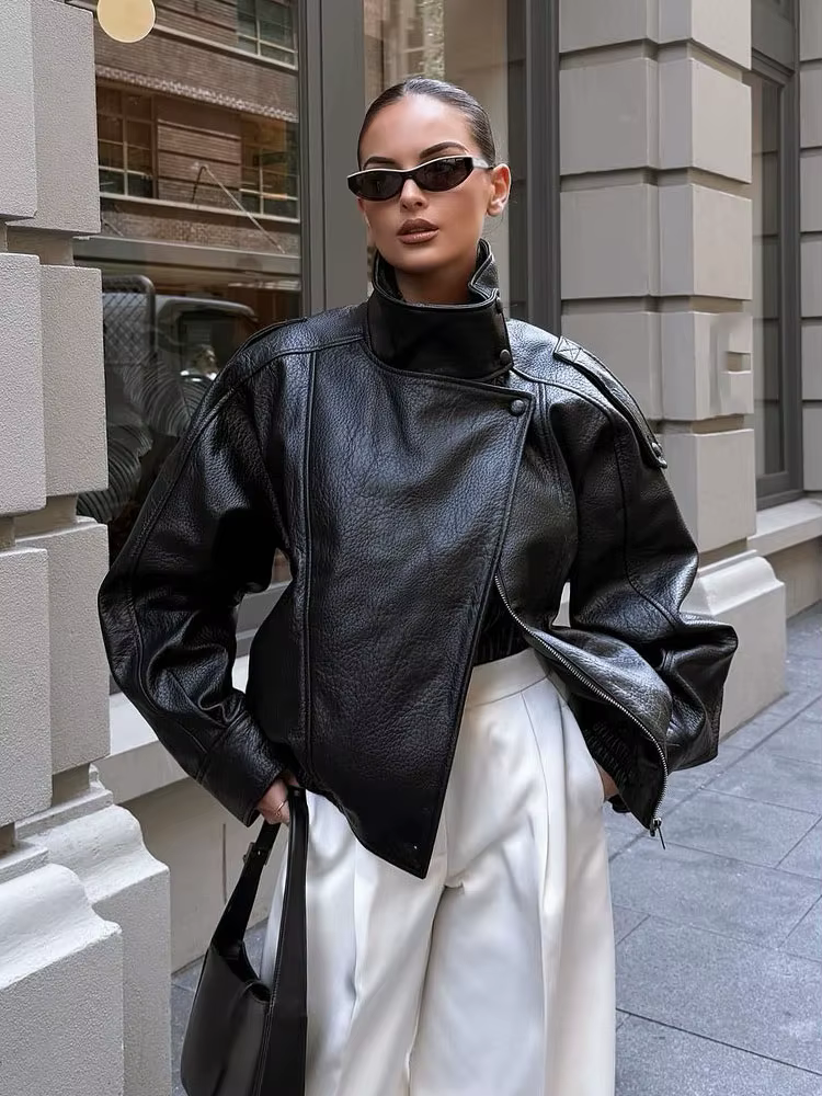 HH femmes automne élégant Style de rue manteaux femme asymétrique bouton poche manches longues noir 