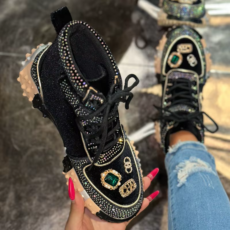 Femmes espadrilles décontractées bottes de créateur de luxe strass daim haut-haut chaussures à fond