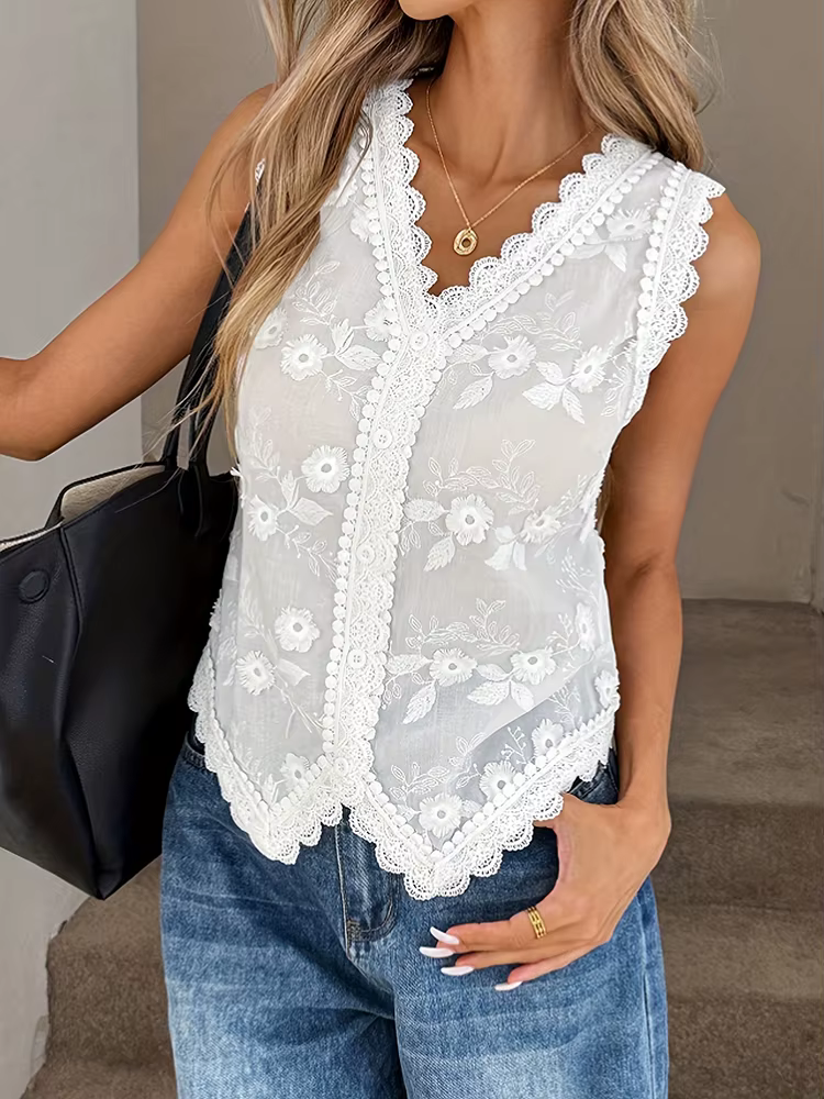 2026 Gilet sans manches en dentelle brodée, Blouse d'été unie à patchwork pour femme, Chemises décon