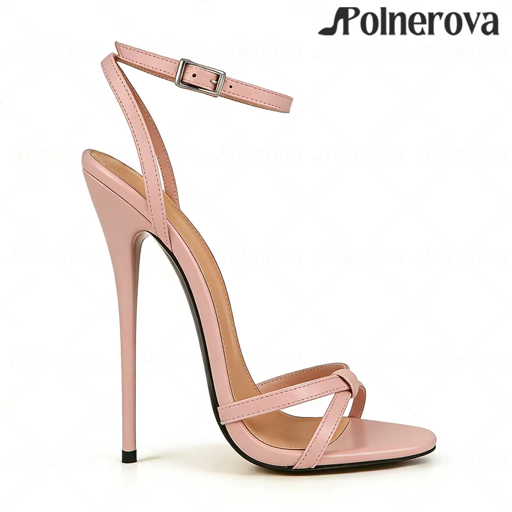 Sandales à talon laqué de 16 cm, style concis, bout rond ouvert, talons hauts, bride de cheville, bo