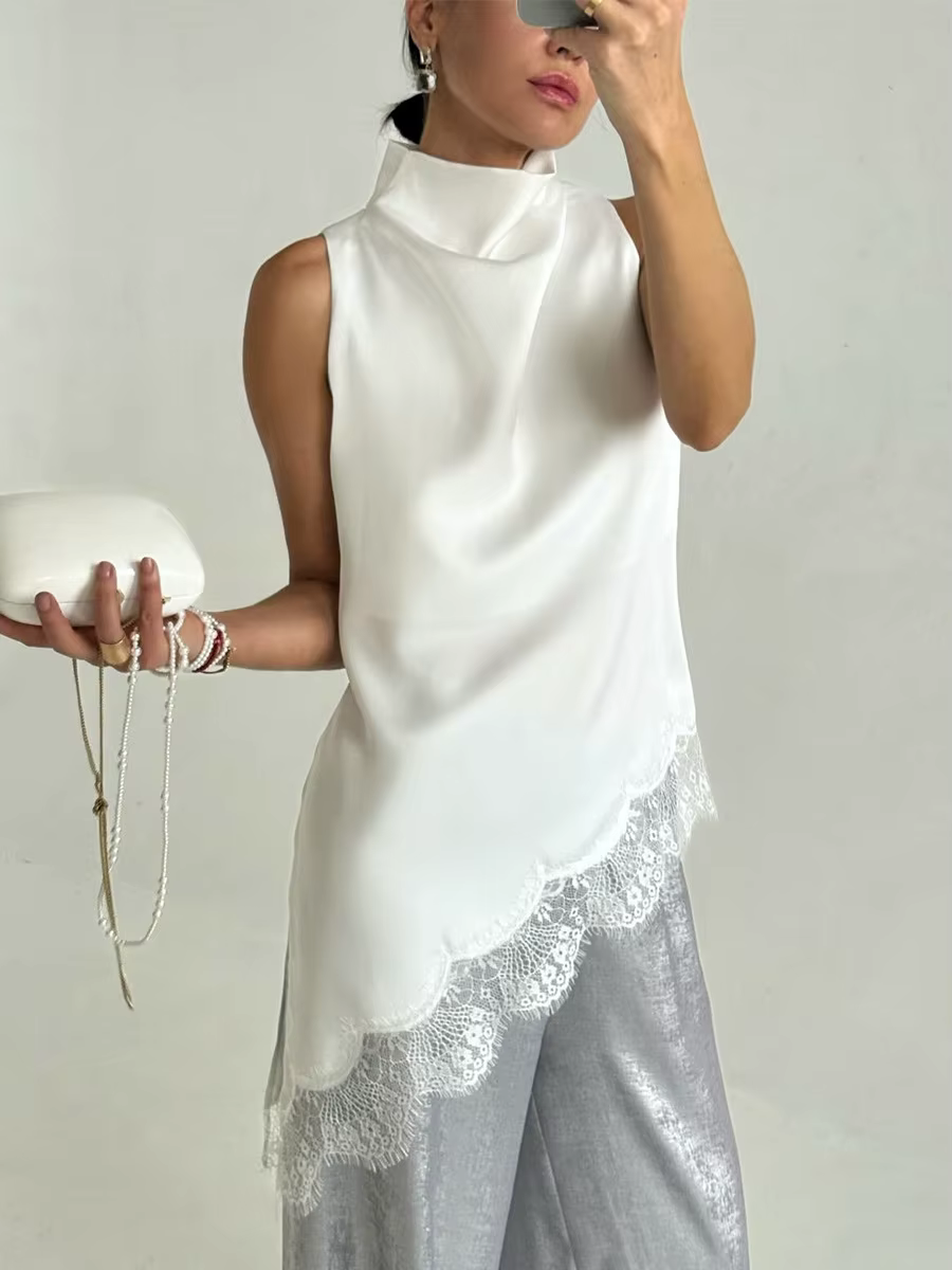 Robe Courte d'Été 2026 pour Femme en Satin à Col Montant, Silhouette Irrégulière, avec Bordure en De