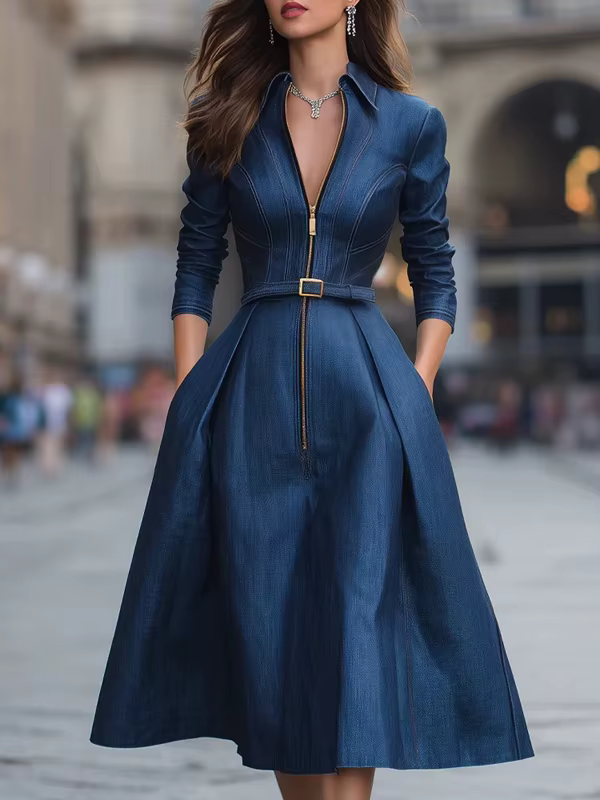 Modigirl femme bleu a-ligne robes 2025 printemps automne nouveau plissé taille haute poches fermetur