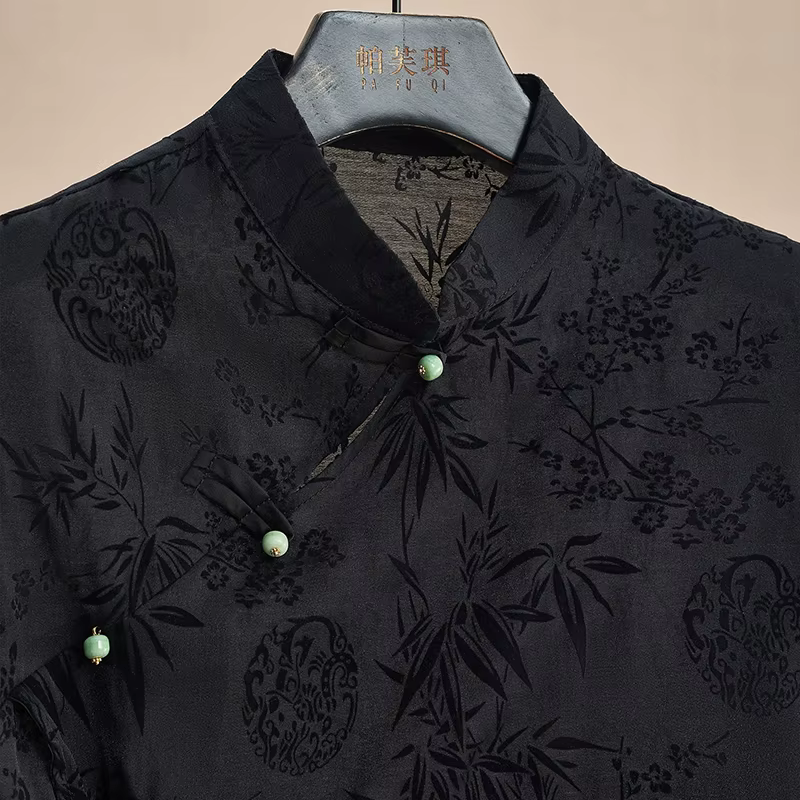 Chemise fine rétro nouveau Style chinois Cheongsam haut noir Jacquard T-shirt à manches courtes été