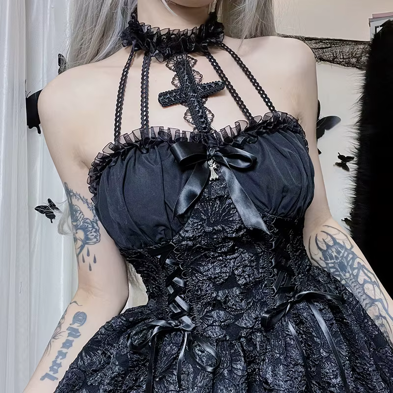 Mini robe gothique noire vintage pour femmes, robes taille haute, bretelles spaghetti sexy, punk gru