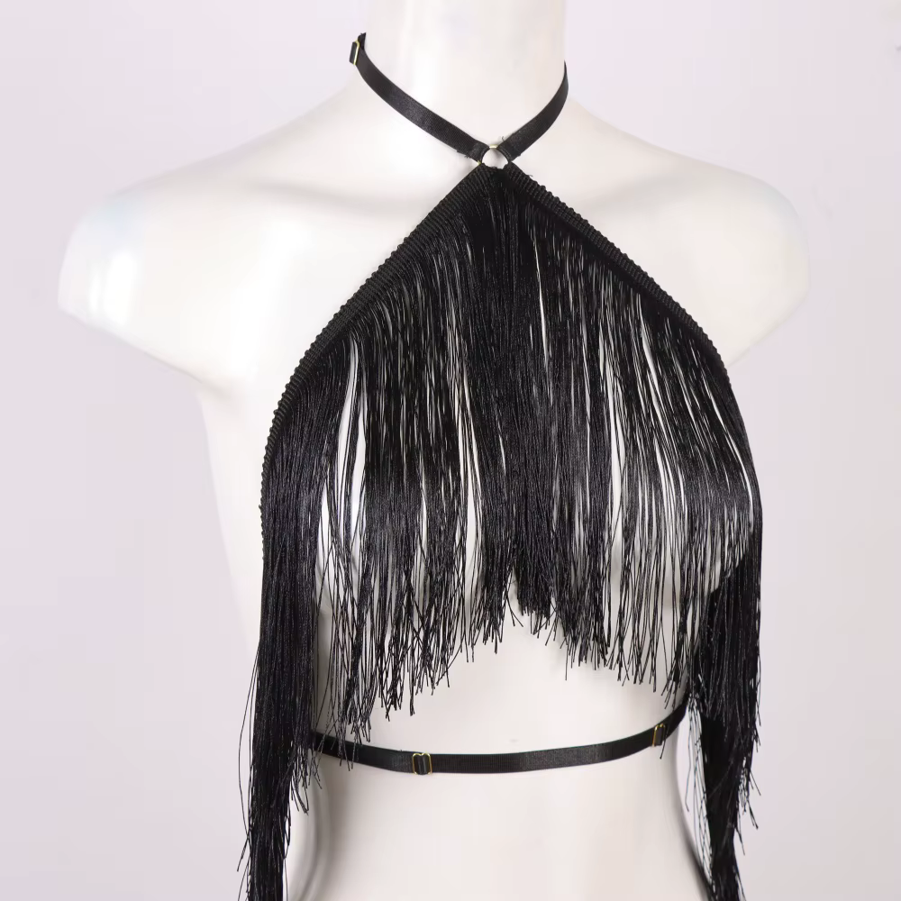 Haut licou à pampilles noires pour femmes, harnais élastique réglable, vêtements toutes saisons, hau