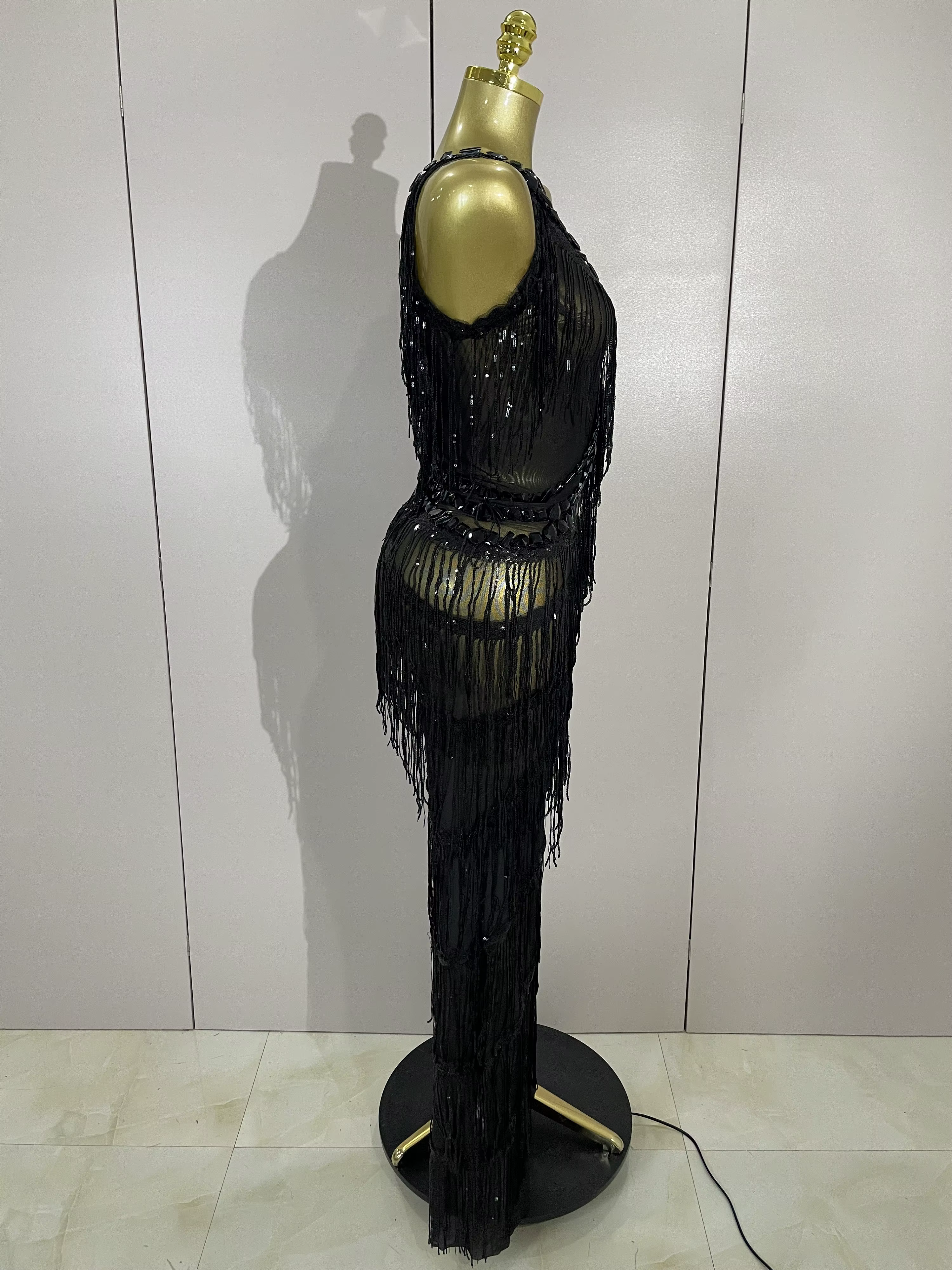 Combinaison à franges et paillettes pour femmes, strass noirs scintillants, tenue Sexy pour boîte de