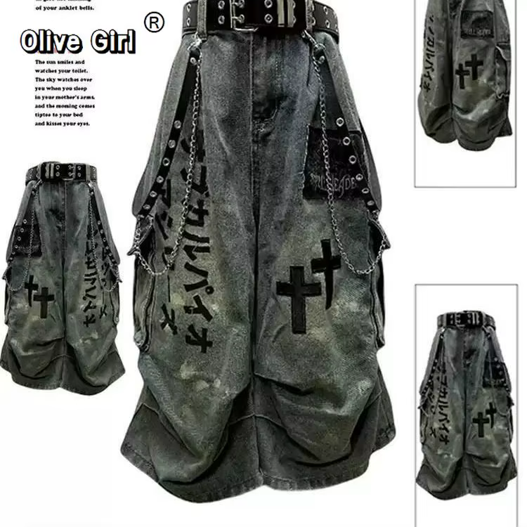 Grande taille crâne croix femmes jean pantalon Denim pantalon américain rétro ambiance jambes larges