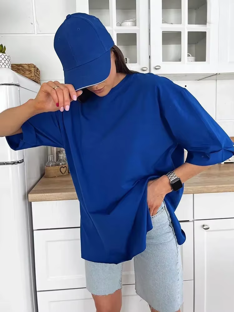 Été femmes T-shirt À Manches Courtes 100% coton Surdimensionné T-shirts Lâche Casual O COU Solide Bl